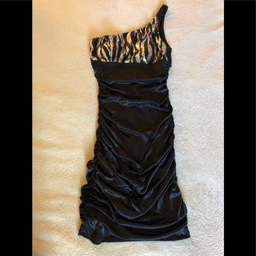 Black and Silver Party Dress | One Shoulder | Midi